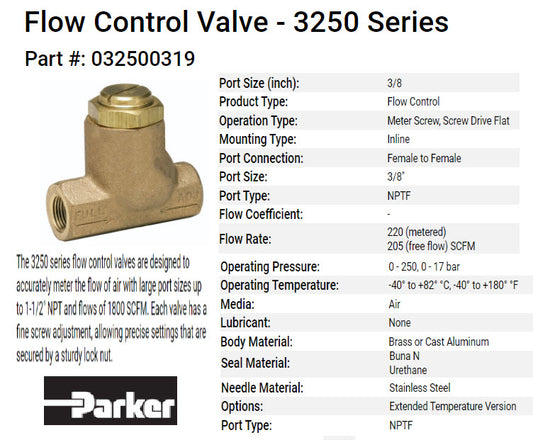 QP 32500319 / LOTT OF 5 / Parker 3/8 FLOW CONTROL VALVE